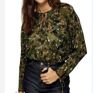 Topshop Floral Chiffon Ruffle Top